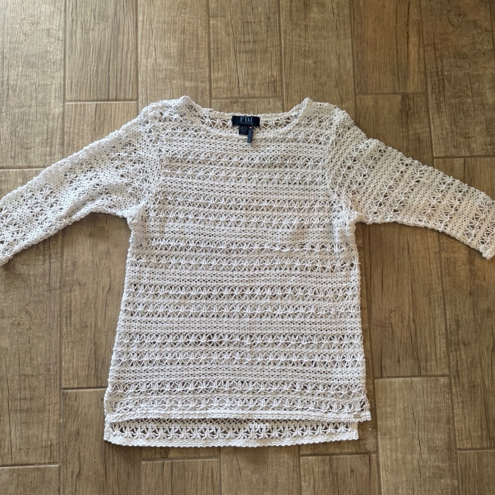 FDJ French Dressing Jeans White Crochet Open Weave 3/4 Sleeve Sweater Medium